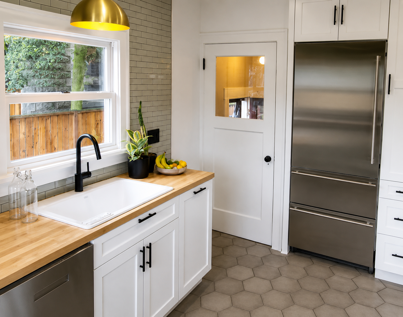 Kitchen sink area featuring painted cabinets, butcher block countertops, farmhouse sink, new window, and custom tile backsplash.