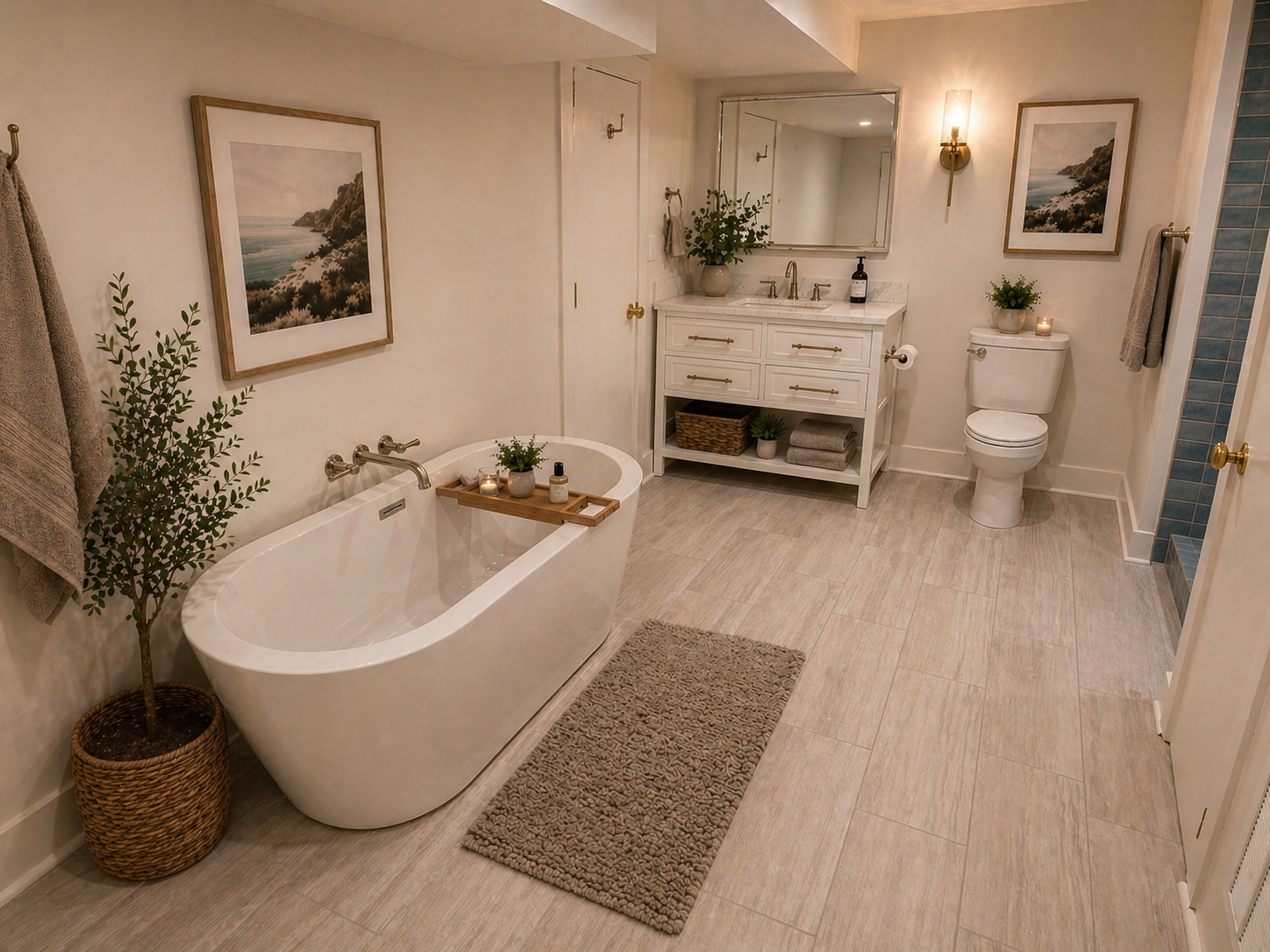 Custom basement bathroom remodel with freestanding soaking tub and double vanity in Portland Oregon