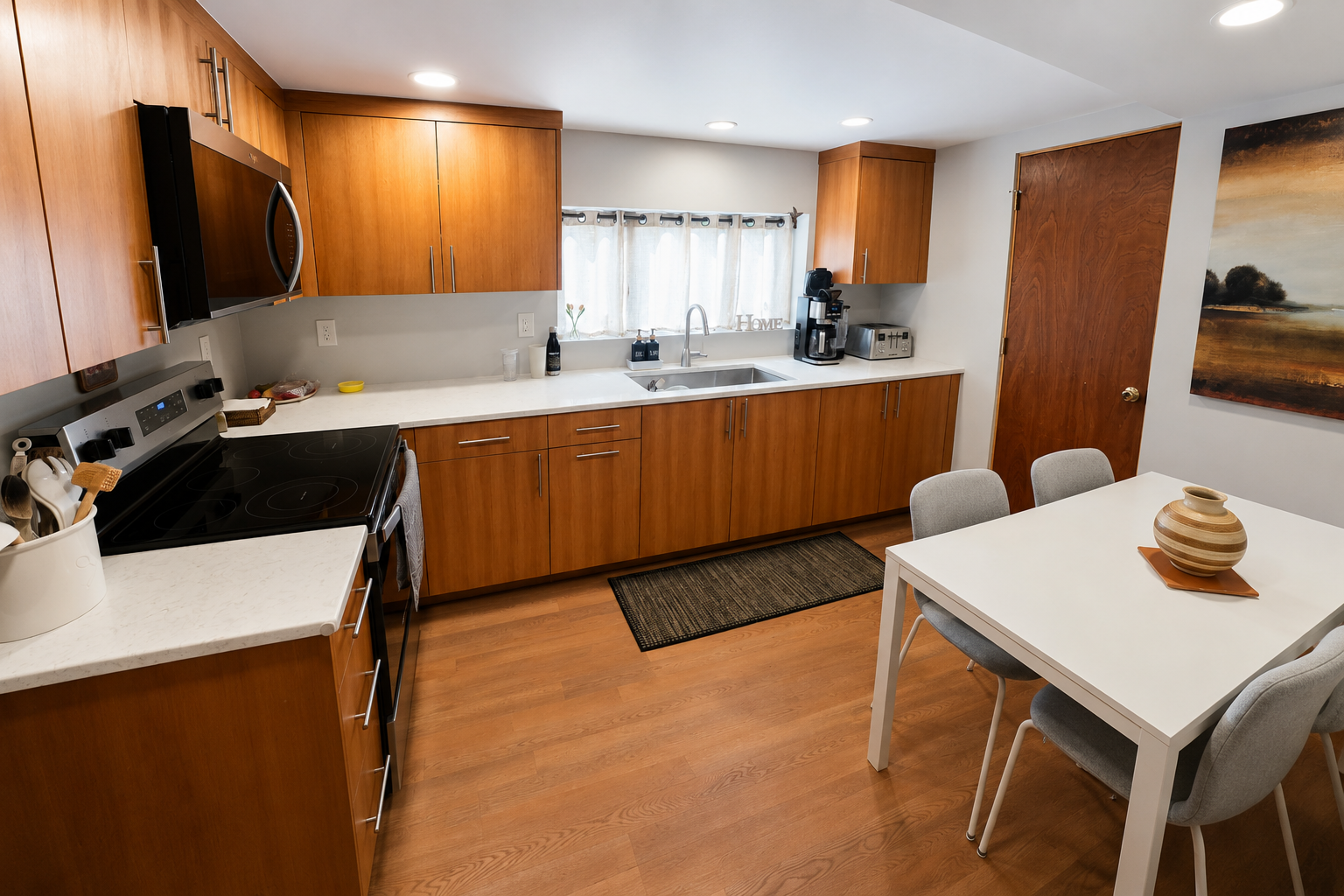 Custom basement ADU kitchen featuring quartz countertops, custom wood cabinetry, luxury vinyl plank flooring, stainless steel appliances, and modern finishes in a Milwaukie, Oregon basement conversion.