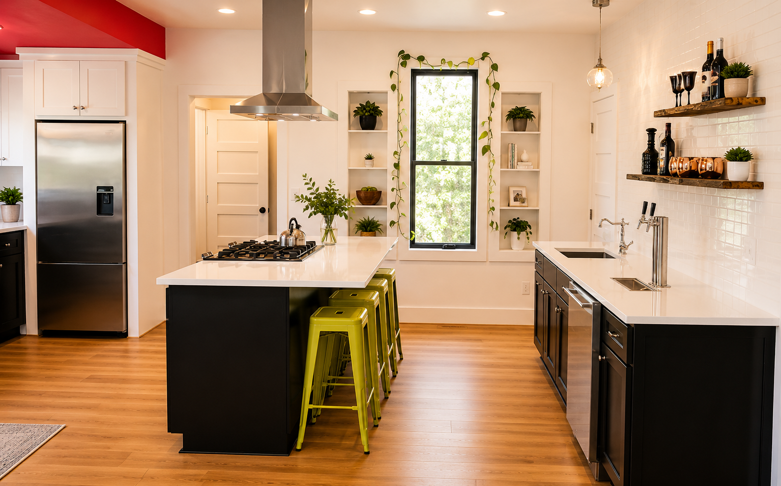 Open concept kitchen remodel in Portland Oregon featuring structural beam installation, custom cabinetry, quartz countertops, large island, built-in shelving, and hardwood flooring.