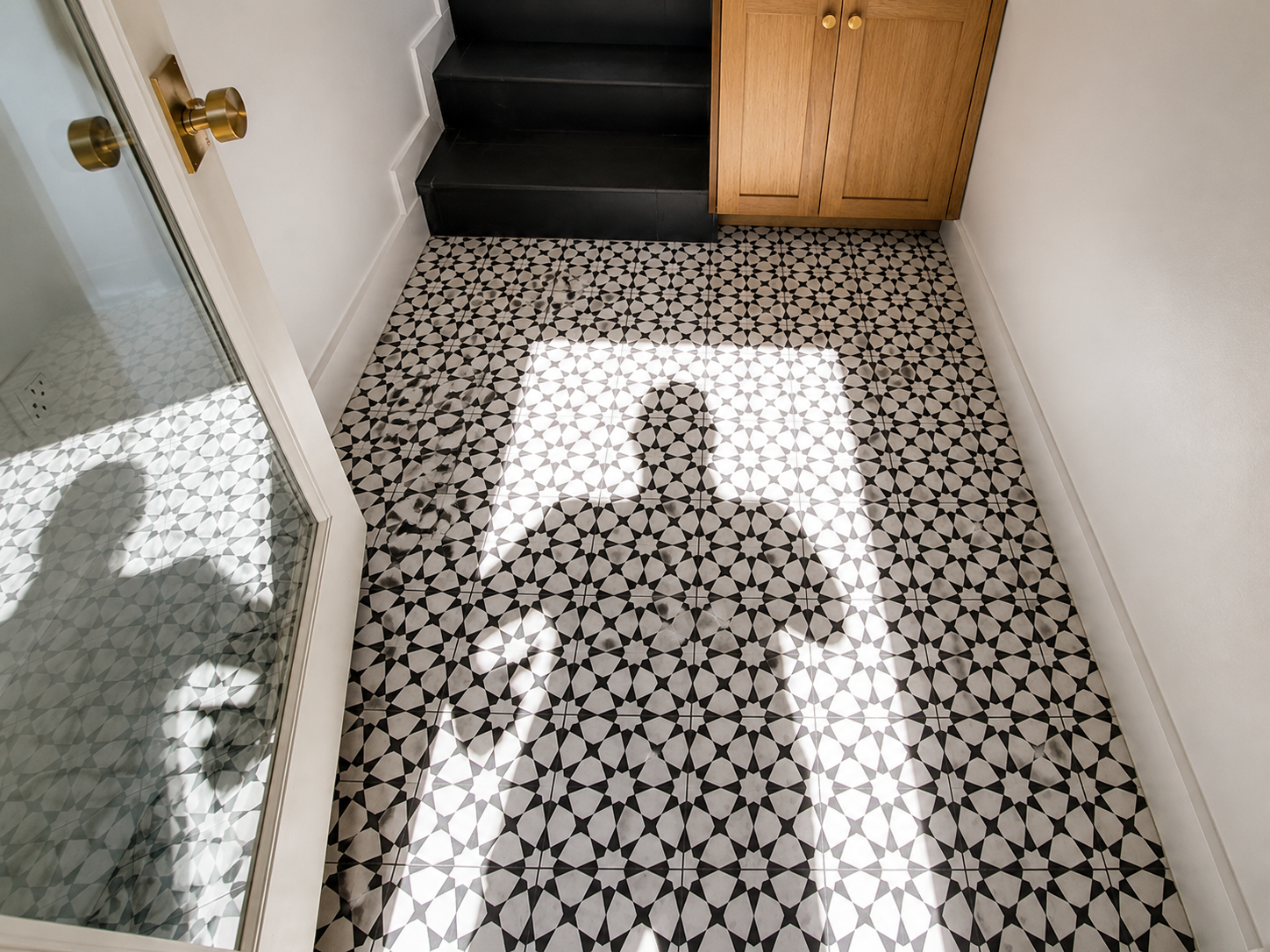 Custom cement tile mud room flooring in Southeast Portland remodel