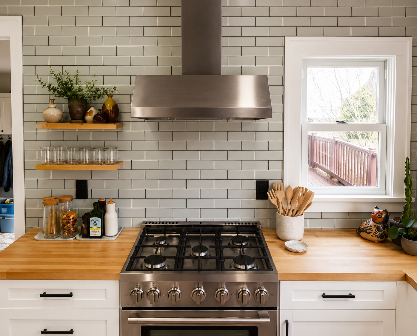 Custom kitchen with painted cabinets, butcher block countertops, subway tile backsplash, stainless steel range hood, and floating wood shelves.