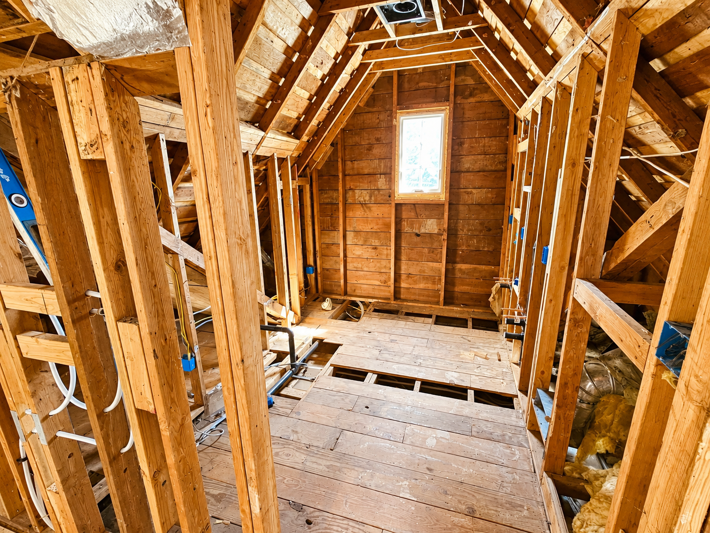Before photo showing unfinished attic space prior to conversion into a custom primary suite, bathroom, laundry room, and walk-in closet.