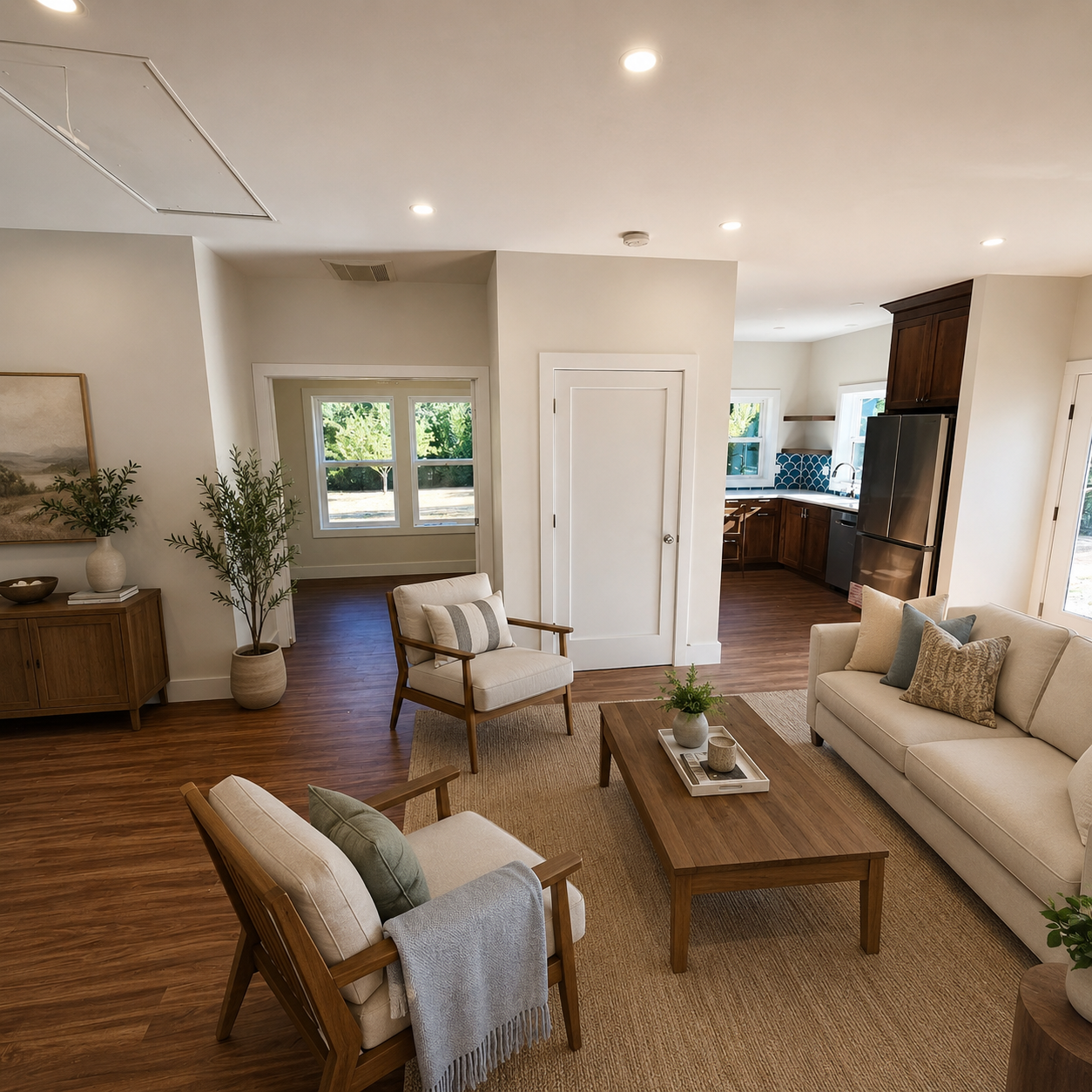 Open living area and kitchen layout inside a newly constructed Portland accessory dwelling unit.
