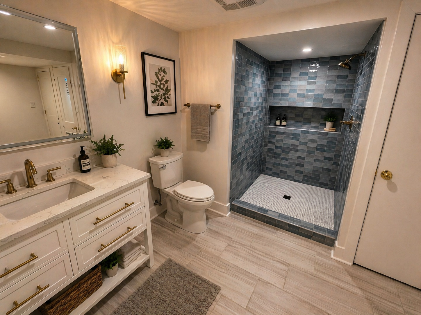 Walk-in tile shower and custom basement bathroom renovation in Southeast Portland