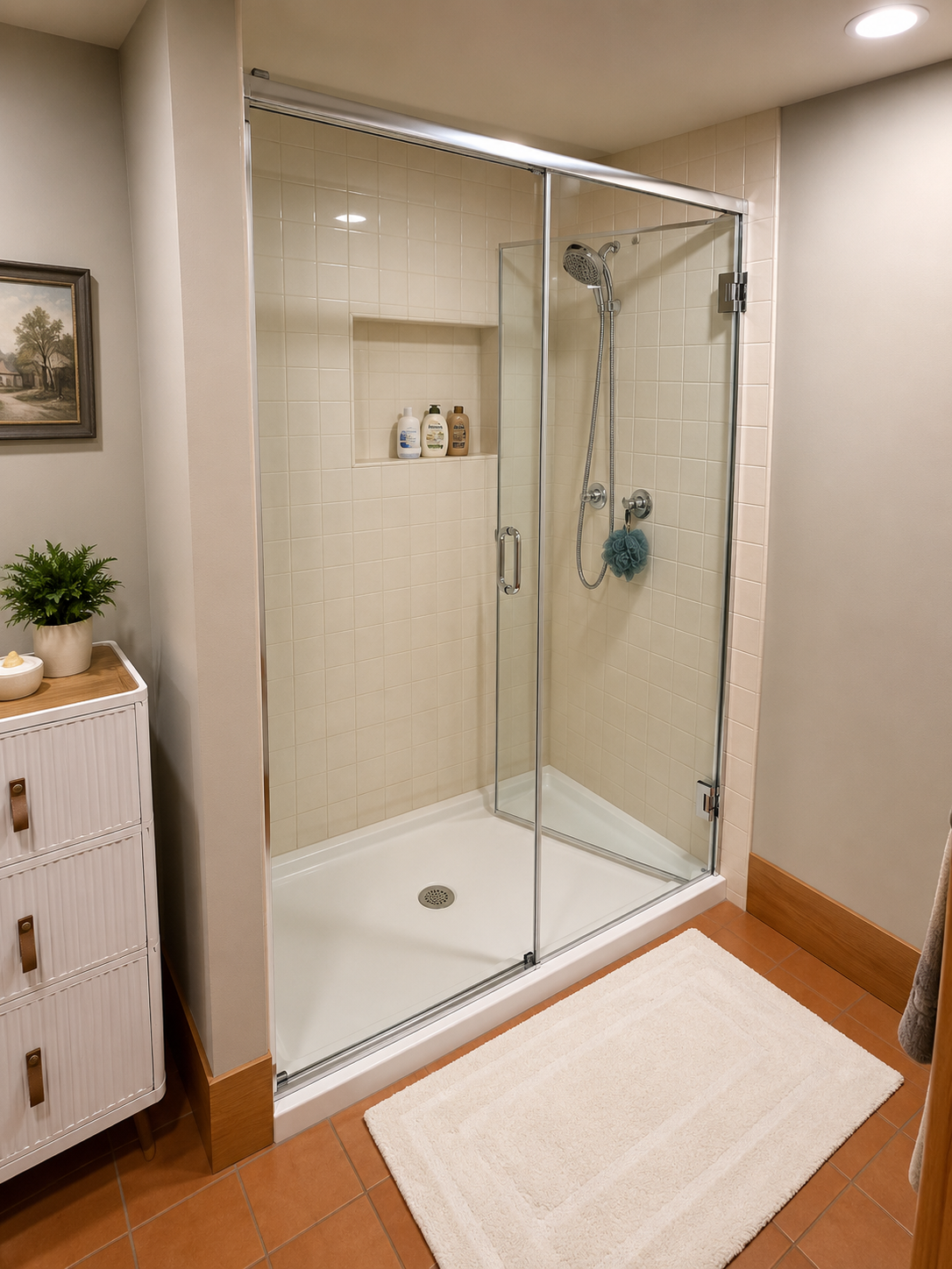 Walk-in tile shower with glass enclosure in a custom basement ADU bathroom.
