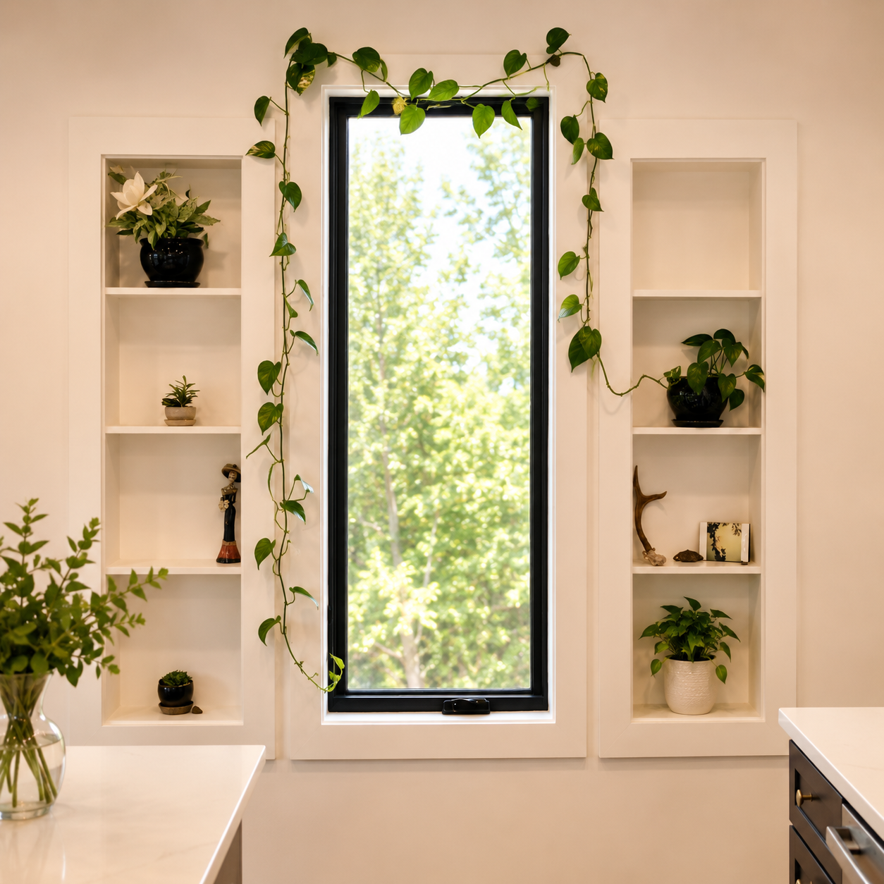 Custom built-in shelving and large picture window bringing natural light into a remodeled Portland kitchen.