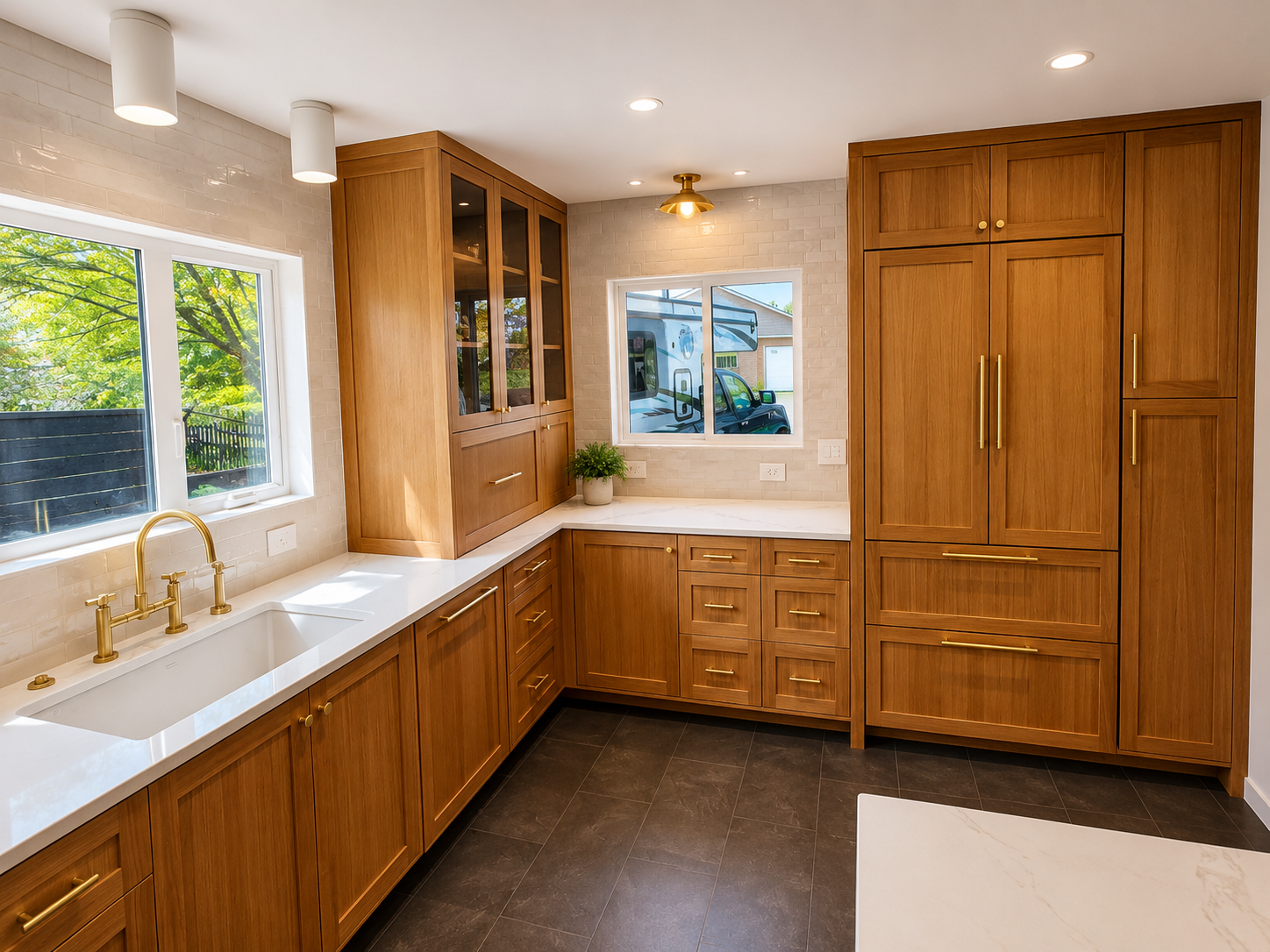 High-end kitchen remodel in Portland featuring custom cabinetry, quartz counters, and brass fixtures