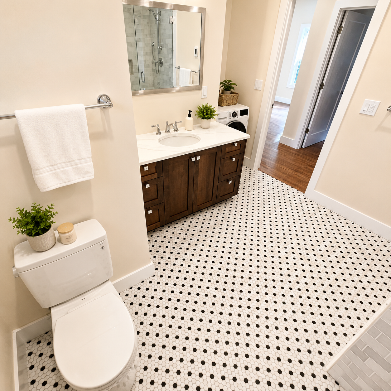 Custom bathroom vanity and tile flooring inside a detached accessory dwelling unit in Southwest Portland.
