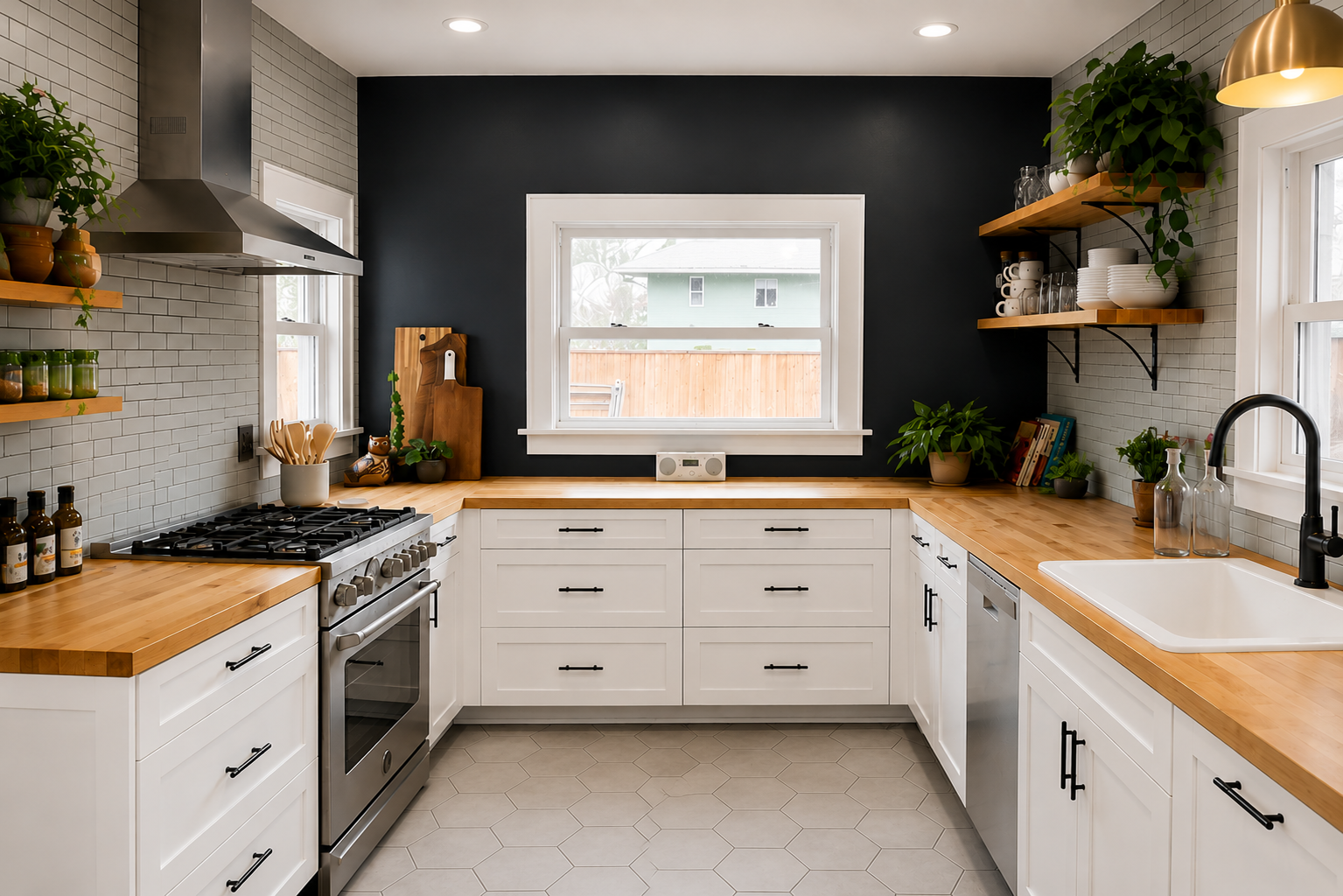 Portland kitchen remodel featuring painted white cabinets, butcher block countertops, custom tile backsplash, new windows, and updated layout.