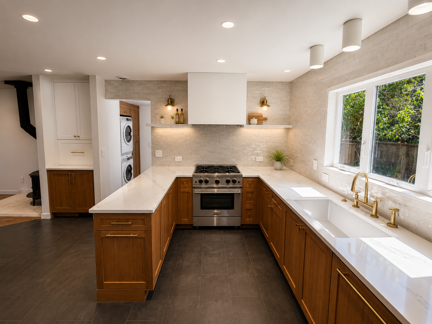 Modern Portland kitchen renovation with custom cabinetry and handmade tile backsplash and range