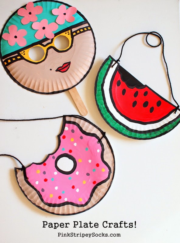 So these are my summer inspired paper plate crafts. They're super easy to make, colorful, quirky, and just scream SUMMER FUN! Materials Needed to Make Summer Paper Plate Crafts Paper Plates Craft Paint Paint Brushes Scissors Exacto Knife Yarn Hole Puncher Stapler Tape Pencils Jumbo Popsicle sticks Construction Paper Glue Let's Make a Vintage Swimmer Paper Plate Mask! Way back in elementary school we had to wear swimming caps when we went to the public pool. I hated it because my cap made me look like a strange bald egg. Now that I'm older, I still don't like the idea of wearing swim caps... but I really dig the way that those cool, retro, vintage swimming caps look. The colors! The flowers! Ooh la la. They are seriously adorable. So that's why I made a DIY vintage swimmer paper plate mask. 