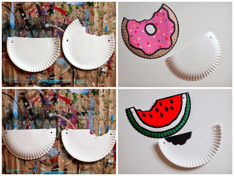 After cutting the paper plates, I placed them one on top of the other and used a hole punch to punch matching sets of holes in each plate. Then, I painted the plates to look like a watermelon and doughnut. Once the paint dried, I stapled the plates together and used some yarn to make a little strap. (I also placed some tape on the ends of the yarn to help it slide through the tiny holes.) Tada! And now I have two DIY Food Paper Plate Purses :