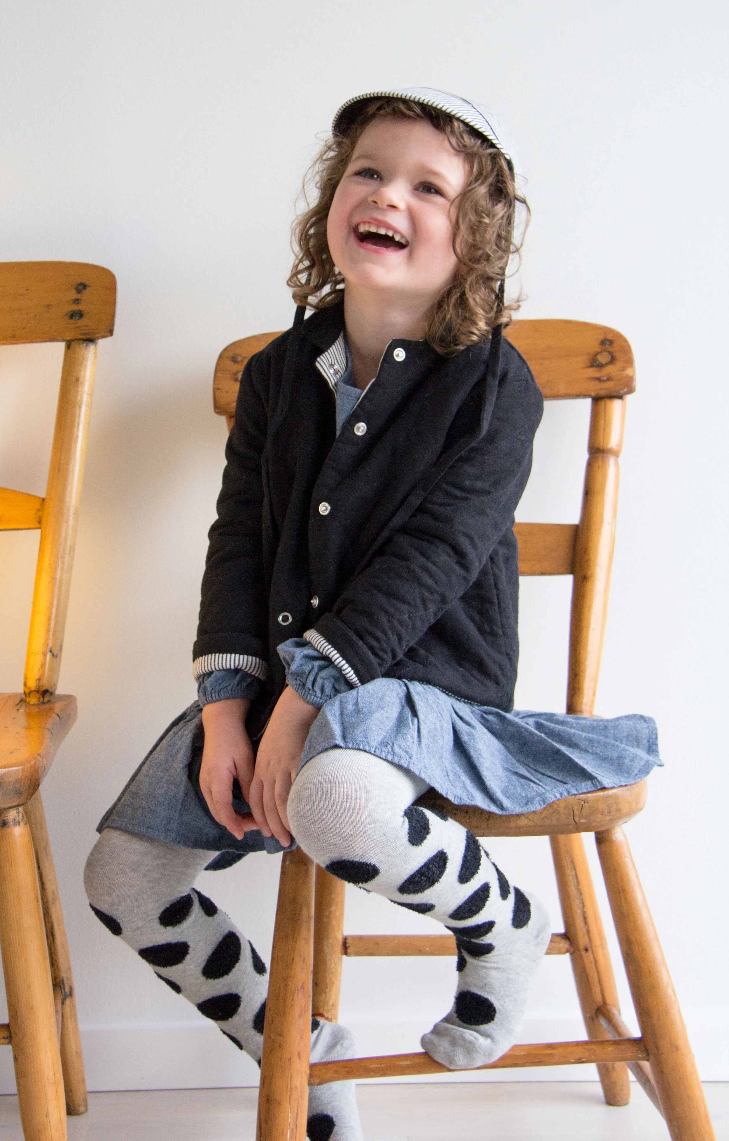 Red Creek Handmade Mini Mac Reversible Quilted jacket and matching reversible visor bonnet (available mid-November) | Nico Nico Naomi Dress | Hansel from Basel Polka Dot Tights