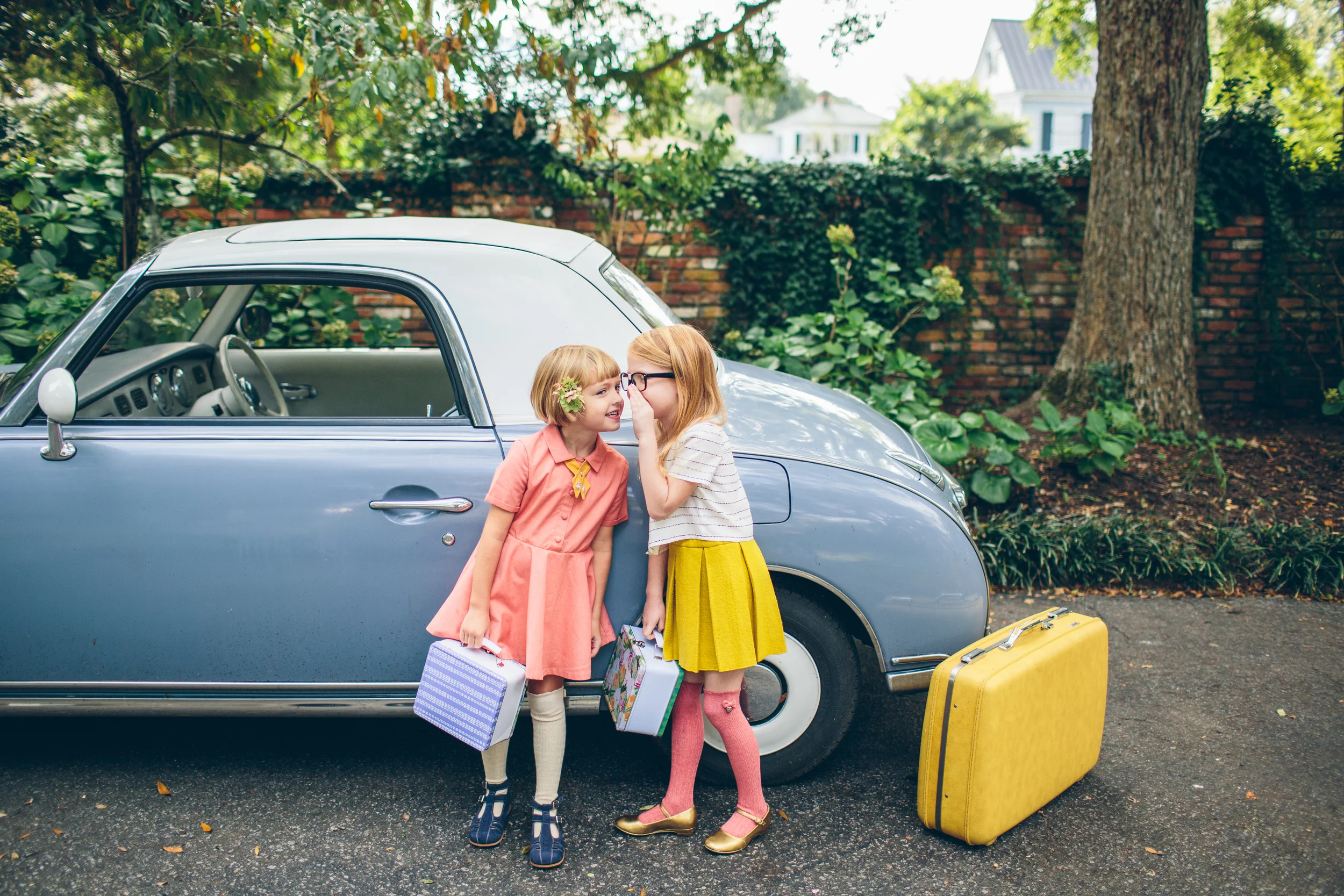Poppy: Aurora Dress by The Tame Fox | Scout Tie by The Tame Fox | Knee Socks by Mayoral | Shoes by Balducci | Lunchbox (Libby) by Lulie Wallace Farris: Milne Skirt by The Tame Fox | Reed Shirt by The Tame Fox | Knee Socks by Mayoral | Shoes are v intage - sprayed gold by stylist (@ allieroyall ) | Lunchbox (Penelope) by Lulie Wallace