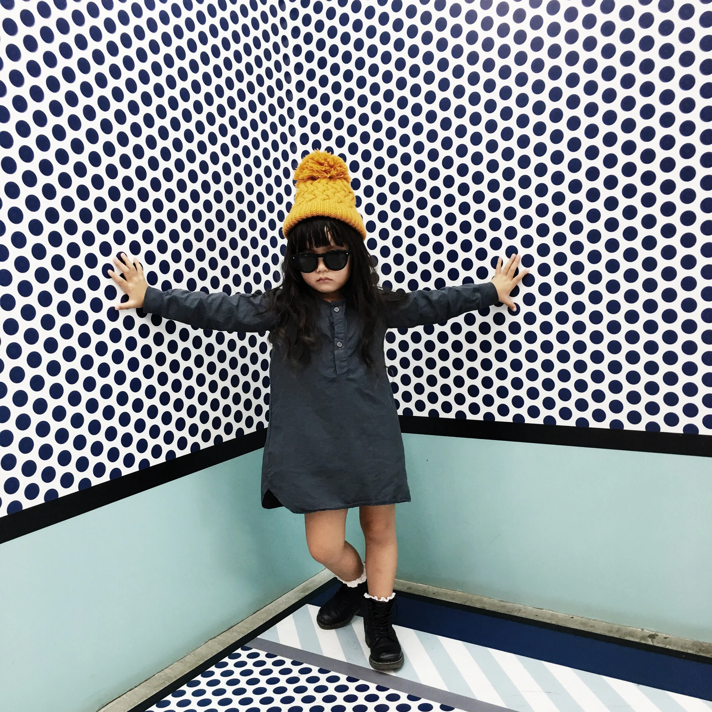 Location: Staircase in Opening Ceremony in Harajuku: Beanie: Velveteen Clothing, Dress: Go Gently Nation , Boots: Dr. Martens
