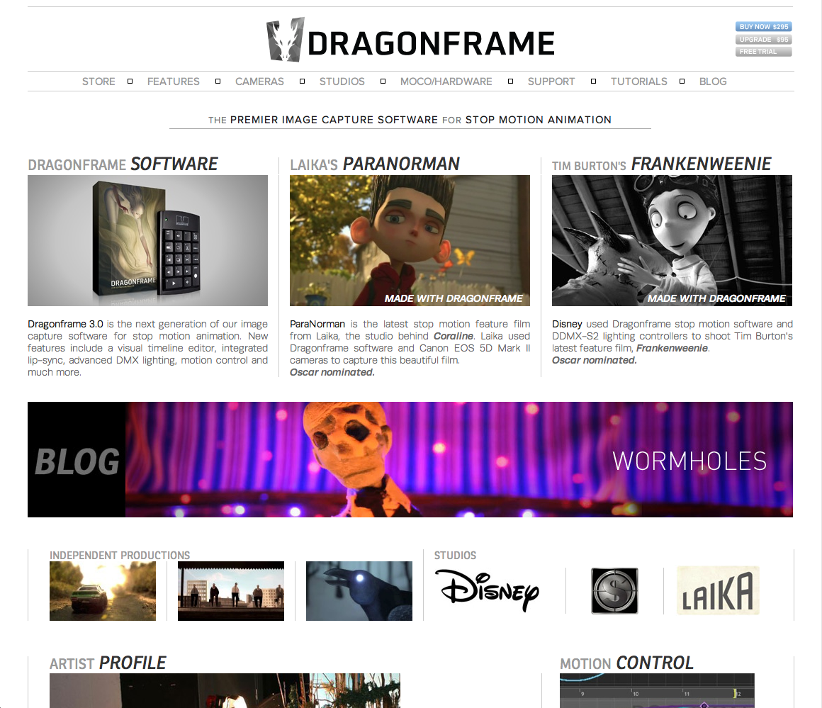 "Wormholes" was featured on the front page of the Dragonframe software website. This is the software I used to create my stop-motion film.