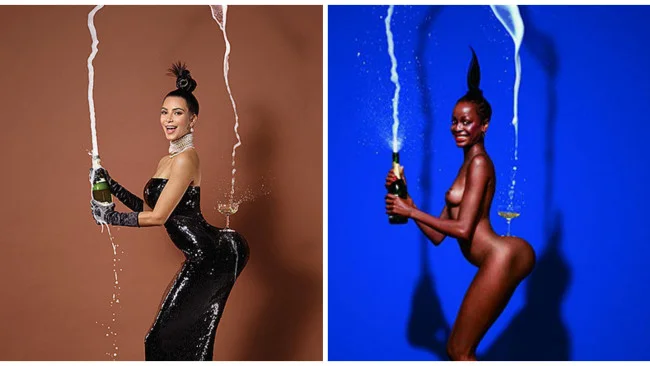 This photo of Kim was based on the now iconic photo to the left, also taken by Jean-Paul Goude (in 1976).
