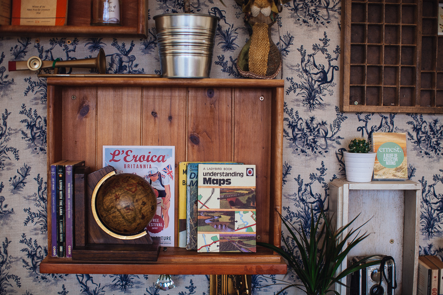 Our repurposed bookcase, L'Eroica Britannia. Photo: Thom Heald. Fabric by the awesome Tradescant & Son
