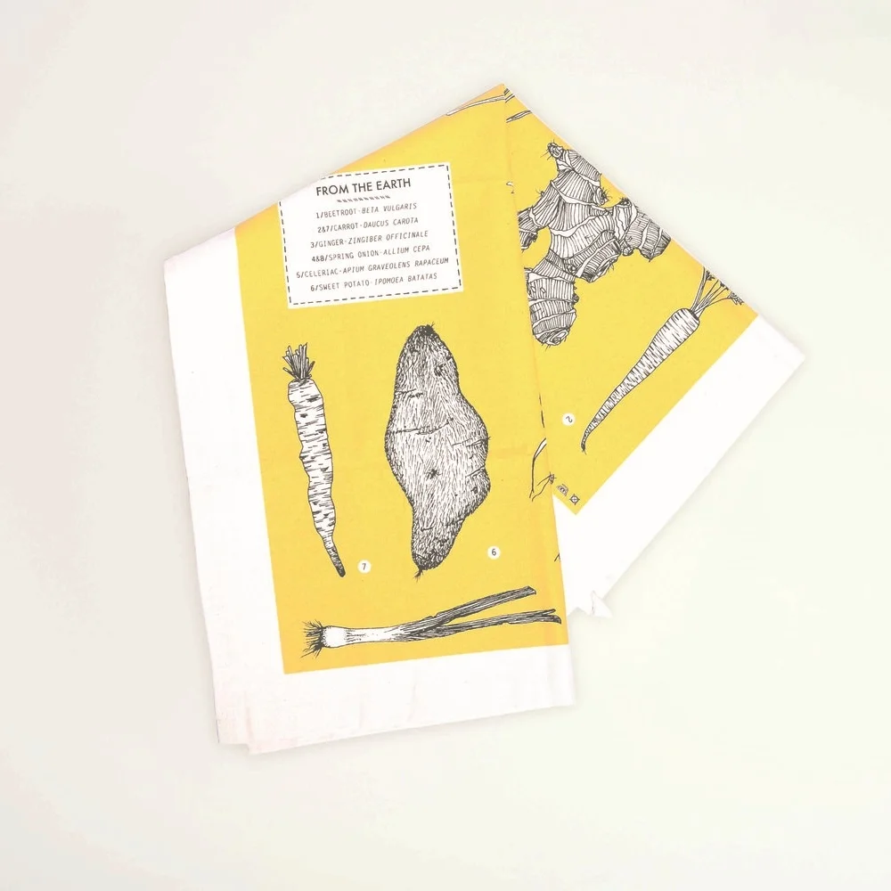 Veg Tea Towel, £10.50 Screen-printed in Yorkshire, depicting root veg in the style of a school science chart, but with a modern graphic feel. 