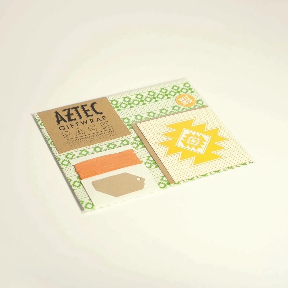Aztec Gift Wrap Pack, £5.40 To make your pressie zing with colour this pack comes with jazzy green gift wrap, yellow greeting card and orange ribbon. 