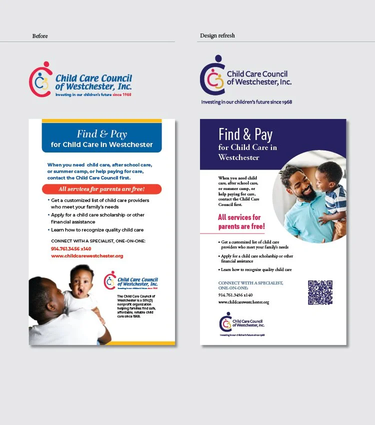  Brought in to refresh the Child Care Council of Westchester’s visual identity and develop new design guidelines. The goal was to create a more modern, clean, and consistent look across their communications. 