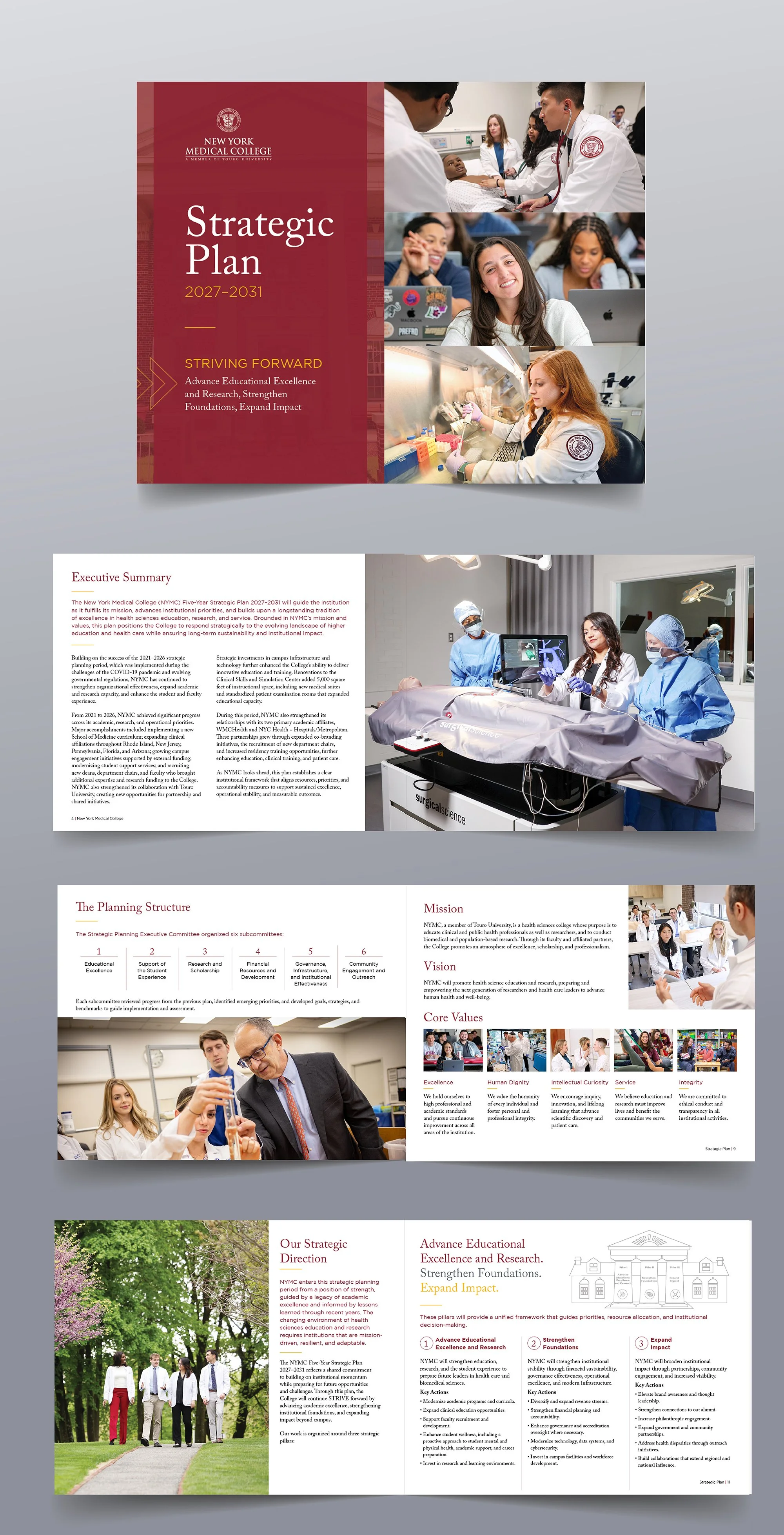  Designed and laid out the New York Medical College Strategic Plan, developing the visual direction, typography, and editorial layout throughout the publication. Selected pages shown. 