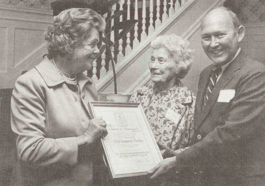 Bertha Benkard Rose, left, presents the Society for the Preservation of Long Island Antiquities' Sherwood Award for preservation of Sagamore Hill to Ethel Roosevelt Derby in 1977. Rose (1906-1982) was a leader in historic preservation and in charge of the restoration of Sagamore Hill.