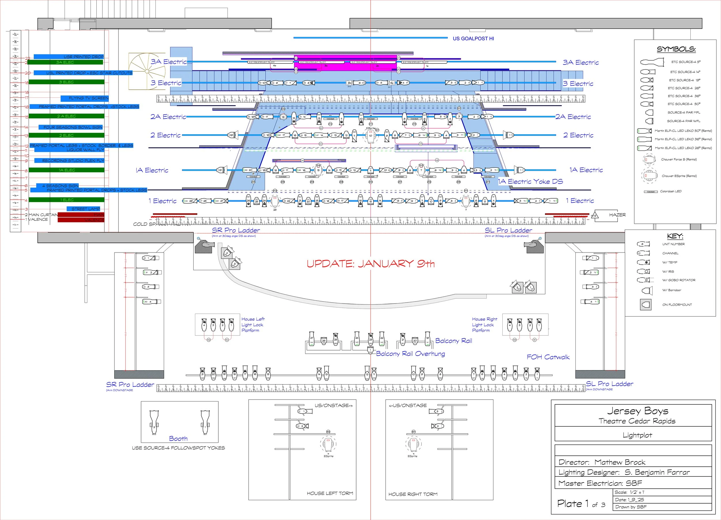 Drafting:  Light Plot for Jersey Boys at Theatre Cedar Rapids 
