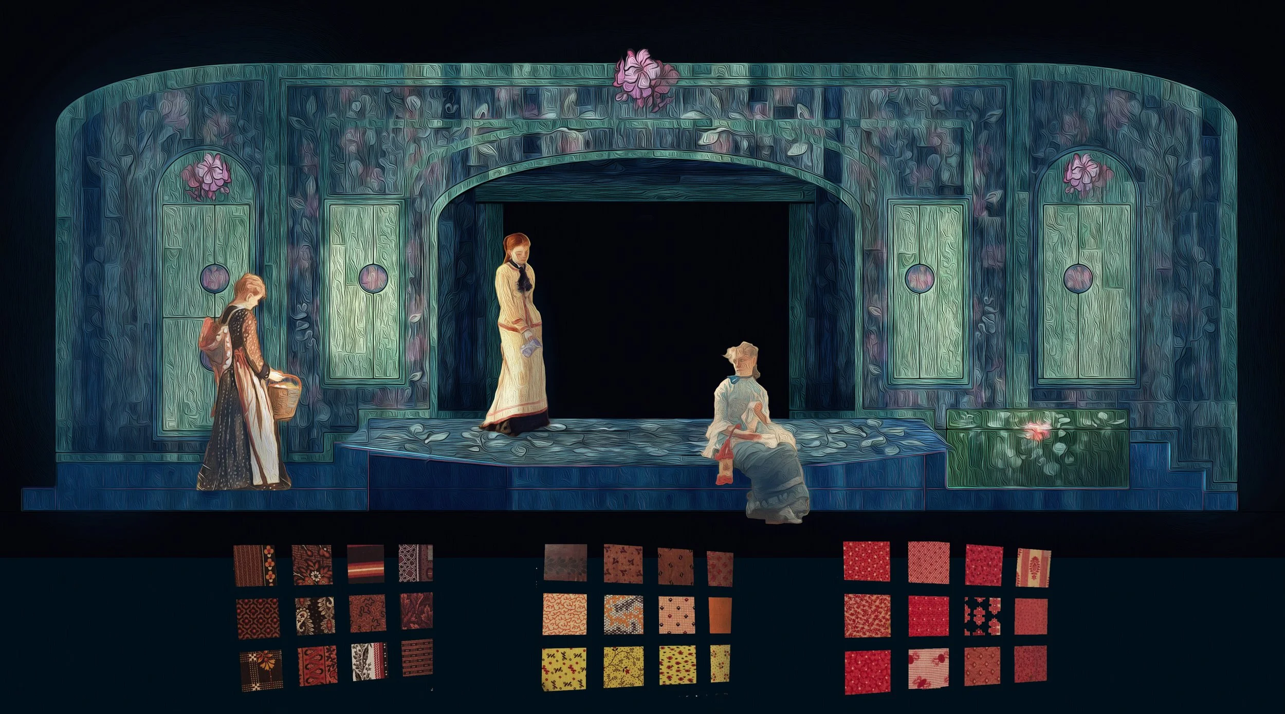 Rendering w/ costume fabric swatches:  Little Women at Brucemore Historic Site