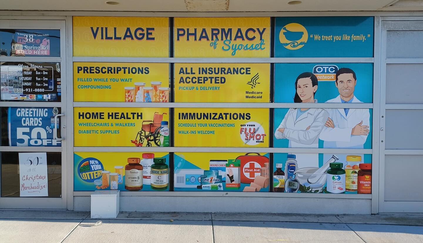 Newly designed vinyl windows for our friends @villagepharmacyofsyosset Thanks for your continued support of our team. 

We love bringing attention to storefronts all over. Have an idea? DM us 

#murals #advertising #graphicart #lovewhatyoudo