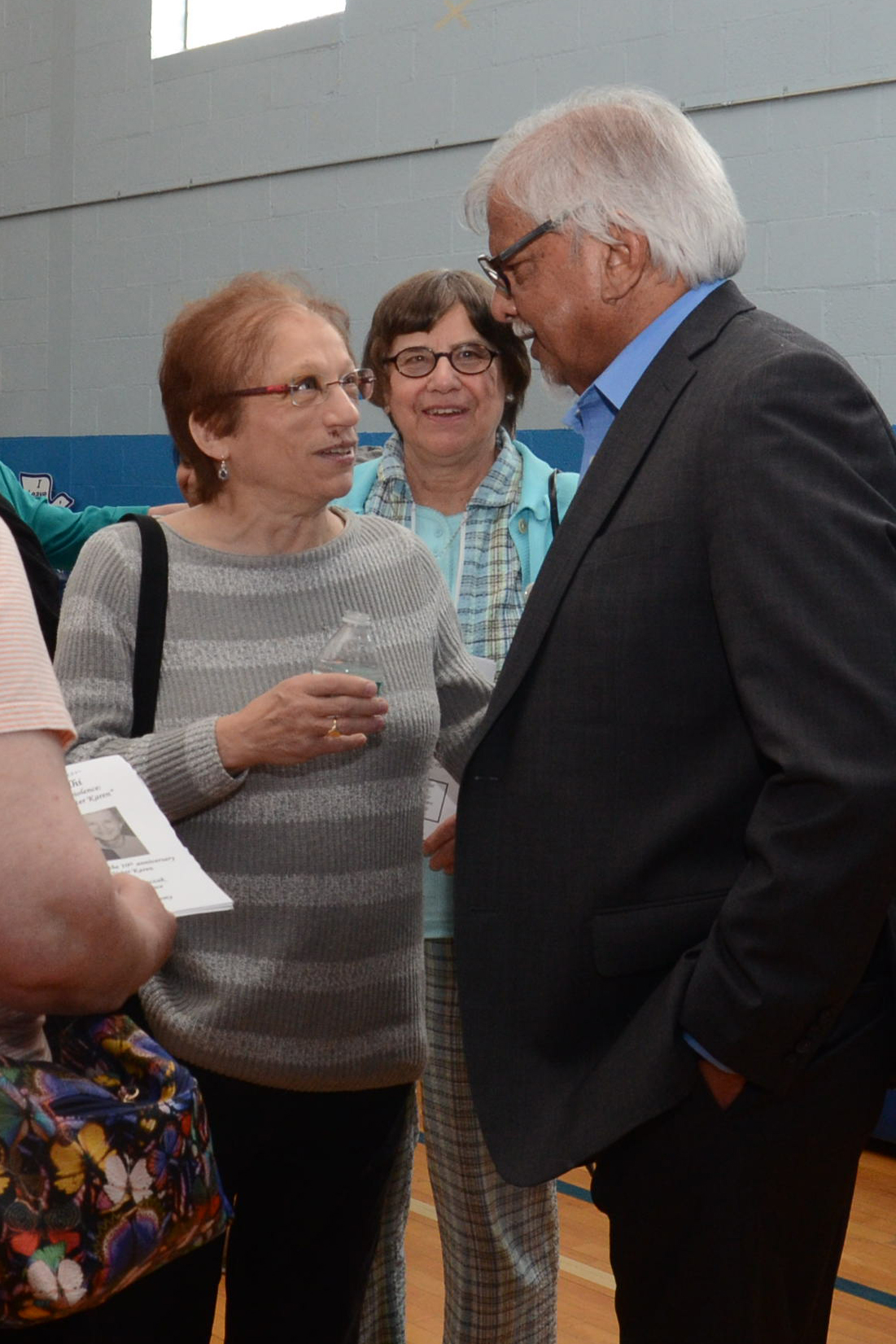 Sisters Janet DiPasquale, SSJ and Mary Augusta Kaiser, SSJ with Arun Gandhi