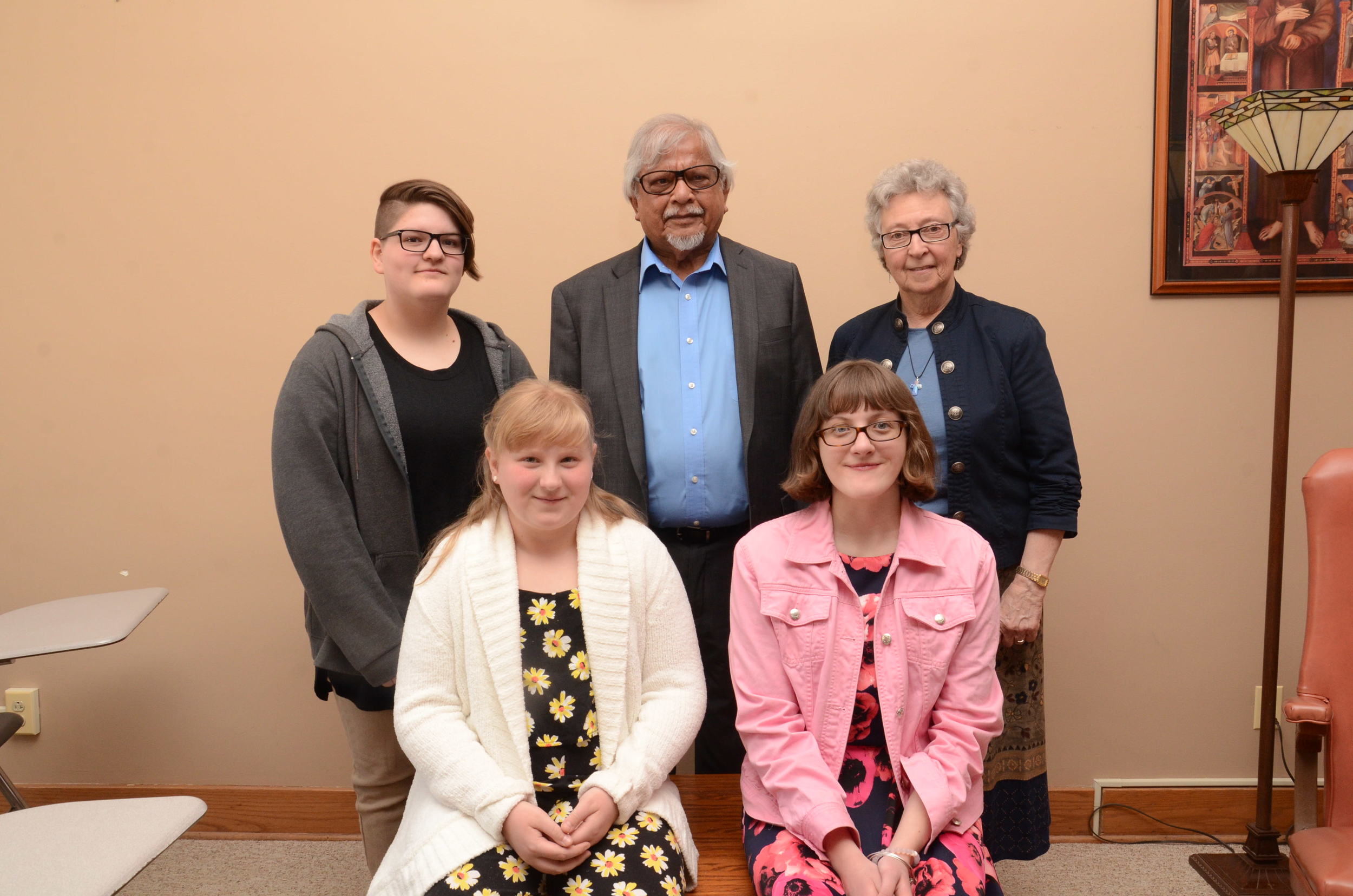 Winners of the Diocese Peace Contest with Arun Gandhi and Sr. Carol Cimino, Superintendent