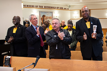 Supervising Peacemaker Pastor James Giles, Peacemakers Advisory Board Chair Rev. Dan Schifeling, Capt. Steve Nichols of BPD and Peacemaker Murray Holman