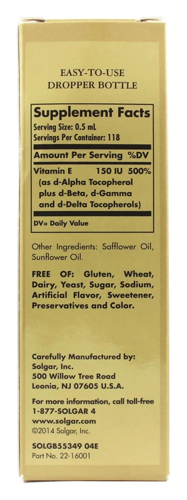 Solgar Liquid Vitamin E Solgar Liquid Vitamin E (with Dropper), 2 fl. oz. -  Antioxidant, Skin & Immune Support, Overall Health - Natural, Liquid  Vitamin E - Non-GMO, Vegan, Gluten Free, Dairy