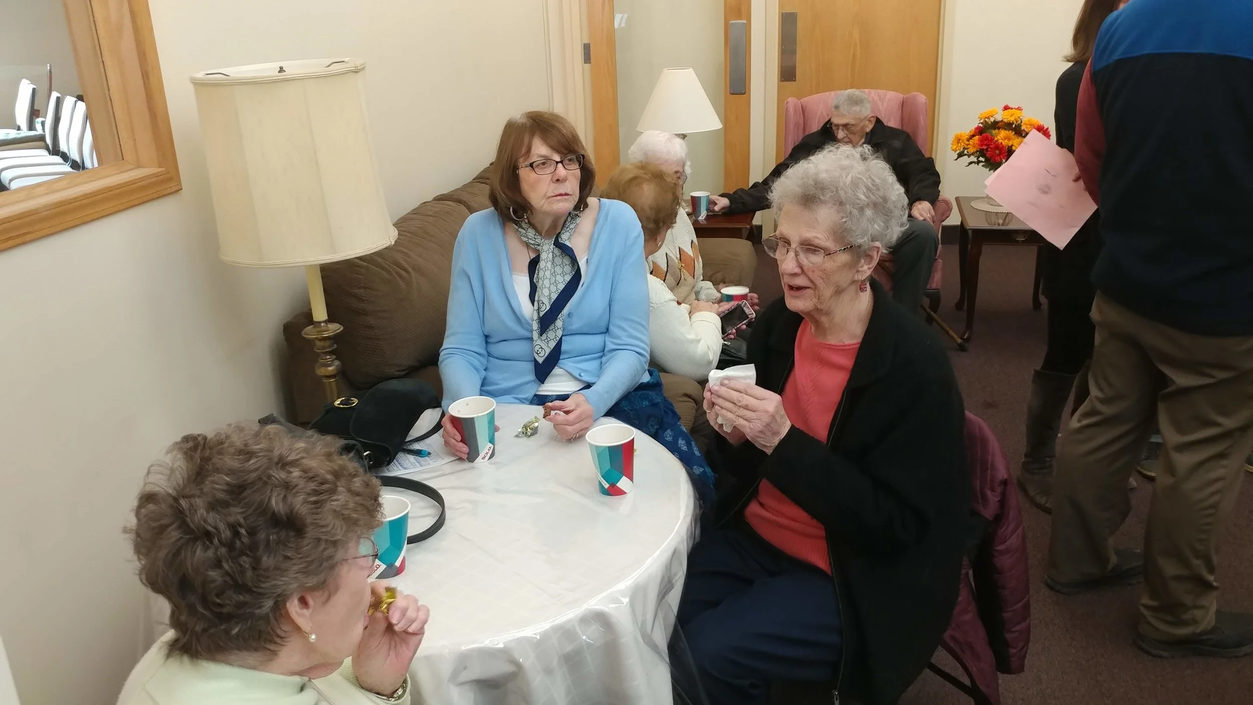Peggy, Kathy, and Pat enjoying each other’s company and a cup of coffee after worship. Join us!