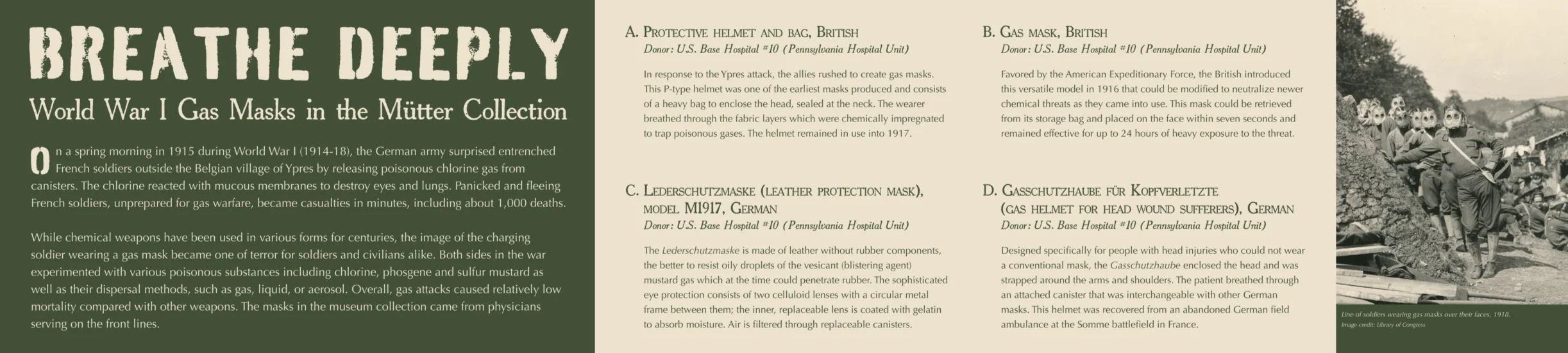  Visual identity and graphic design for  Breathe Deeply: World War I Gas Masks in the Mütter Collection,  a 2018 case exhibit in the Mütter Museum 