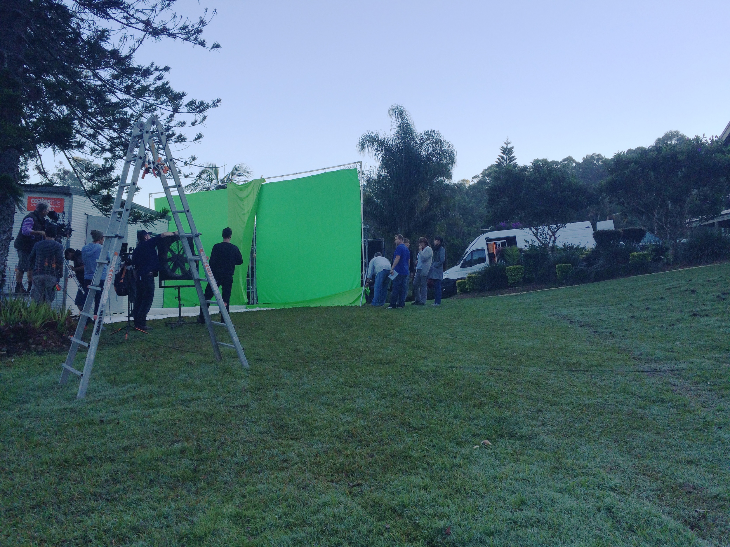  Two green screens were setup for the exterior shots of the donga. Needing the light to be overcast the crew race to setup before the morning sun hits at 7am. 