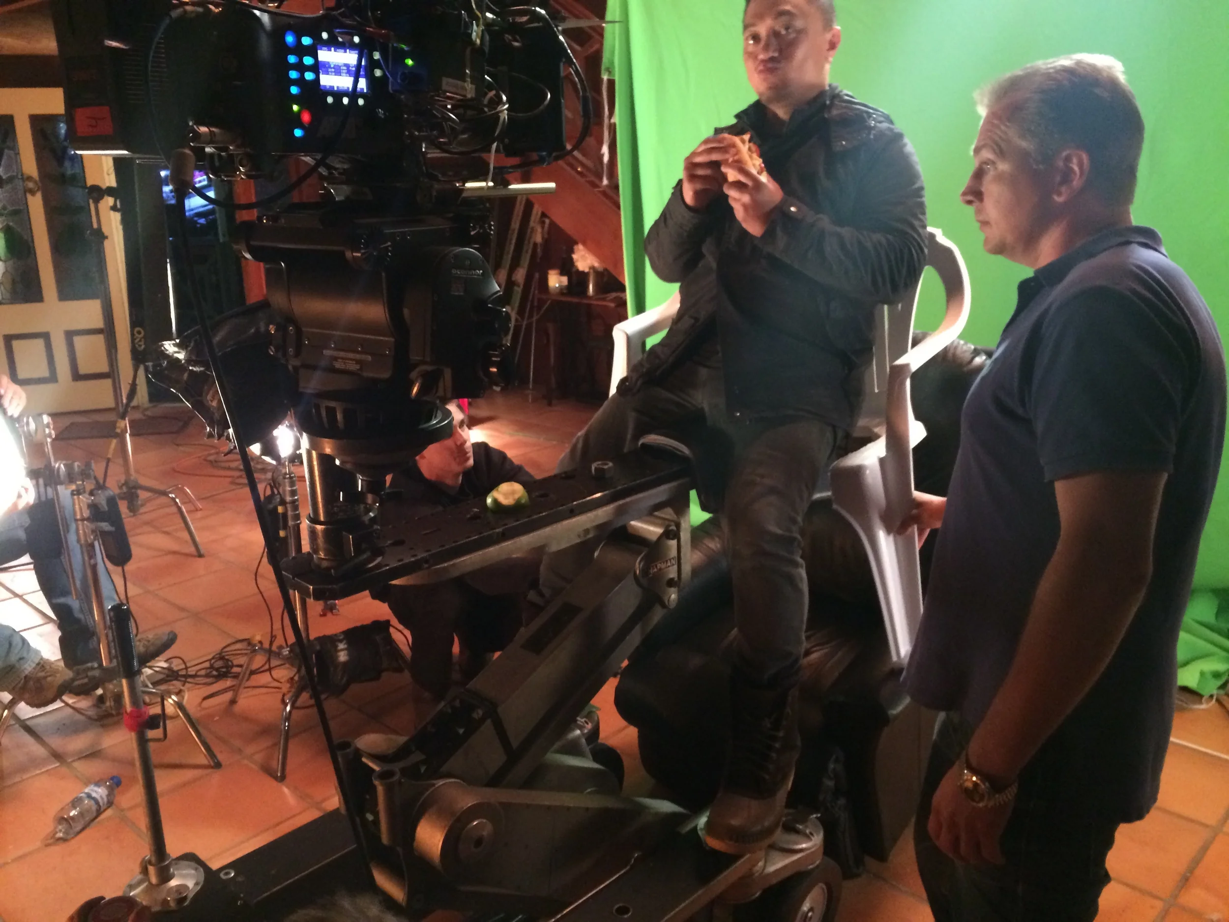  The final form our chair / green screen rig took.&nbsp;Taungaroa Emile and the camera are both lowered into the comfy air-chair whilst the plastic chair (sawn in half) is pulled away.    