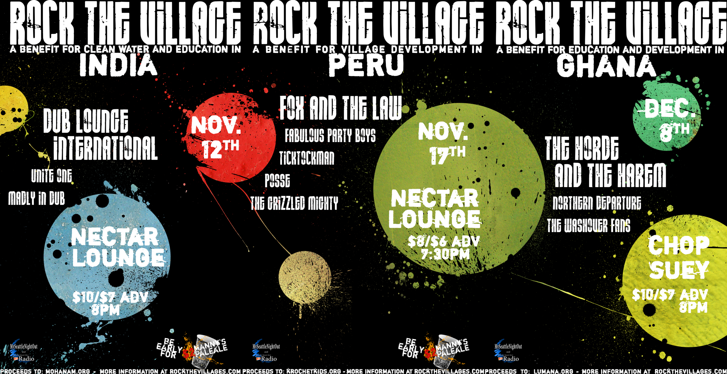 Rock the Village Concert Series 3 concerts, each benefiting non-profit organizations The Mohanam Cultural Cente r (India), Krochet Kids international (Peru), and Lumana Microfinance (Ghana). Raised $1500 for charity. 