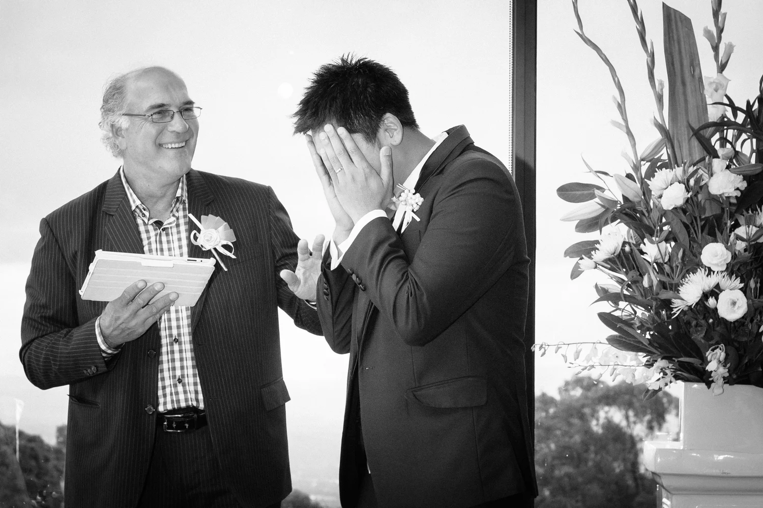 An overwhelmed Groom. Emotions flow just before his Bride arrives.