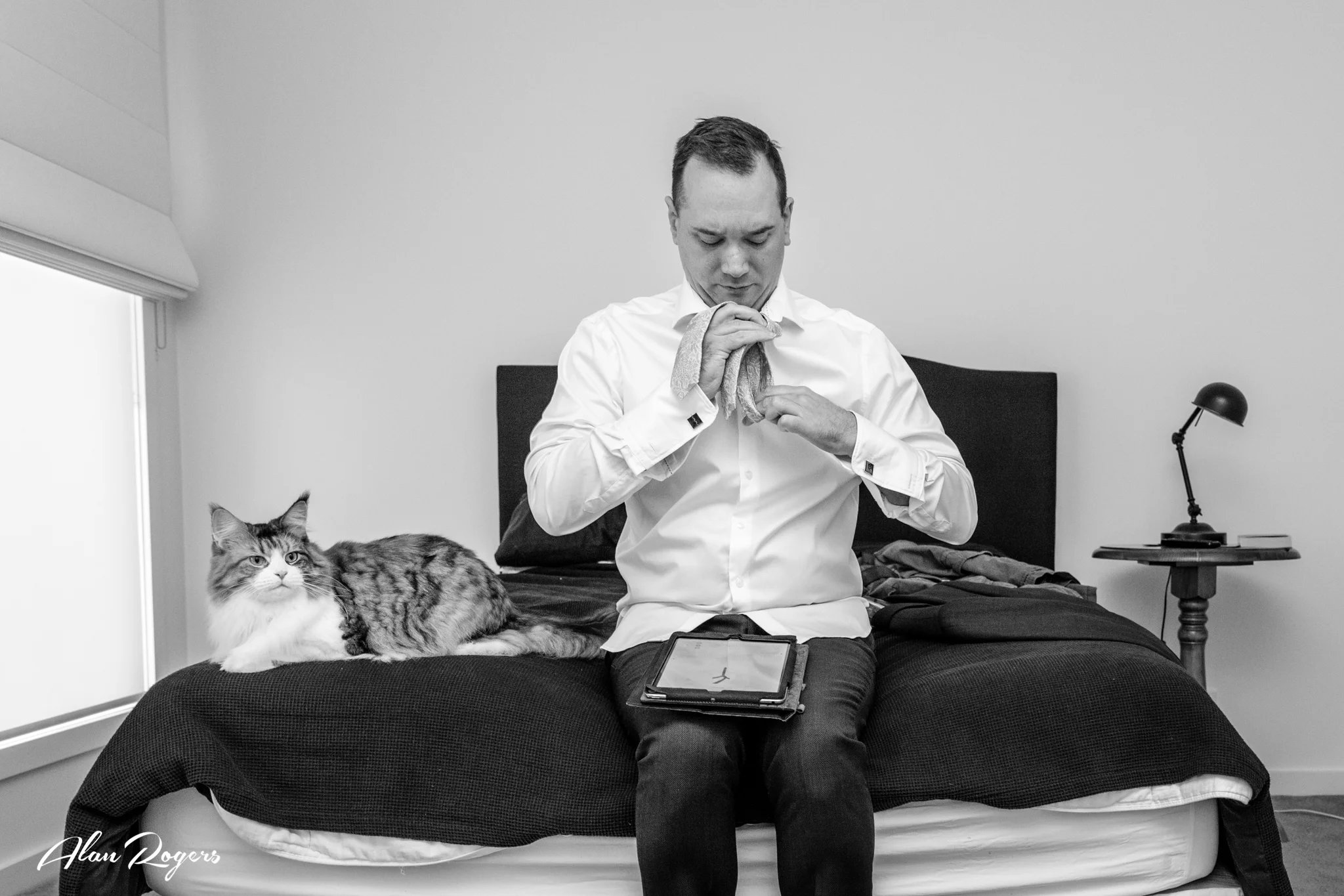 A Groom, his cat, an iPad, putting on the tie.