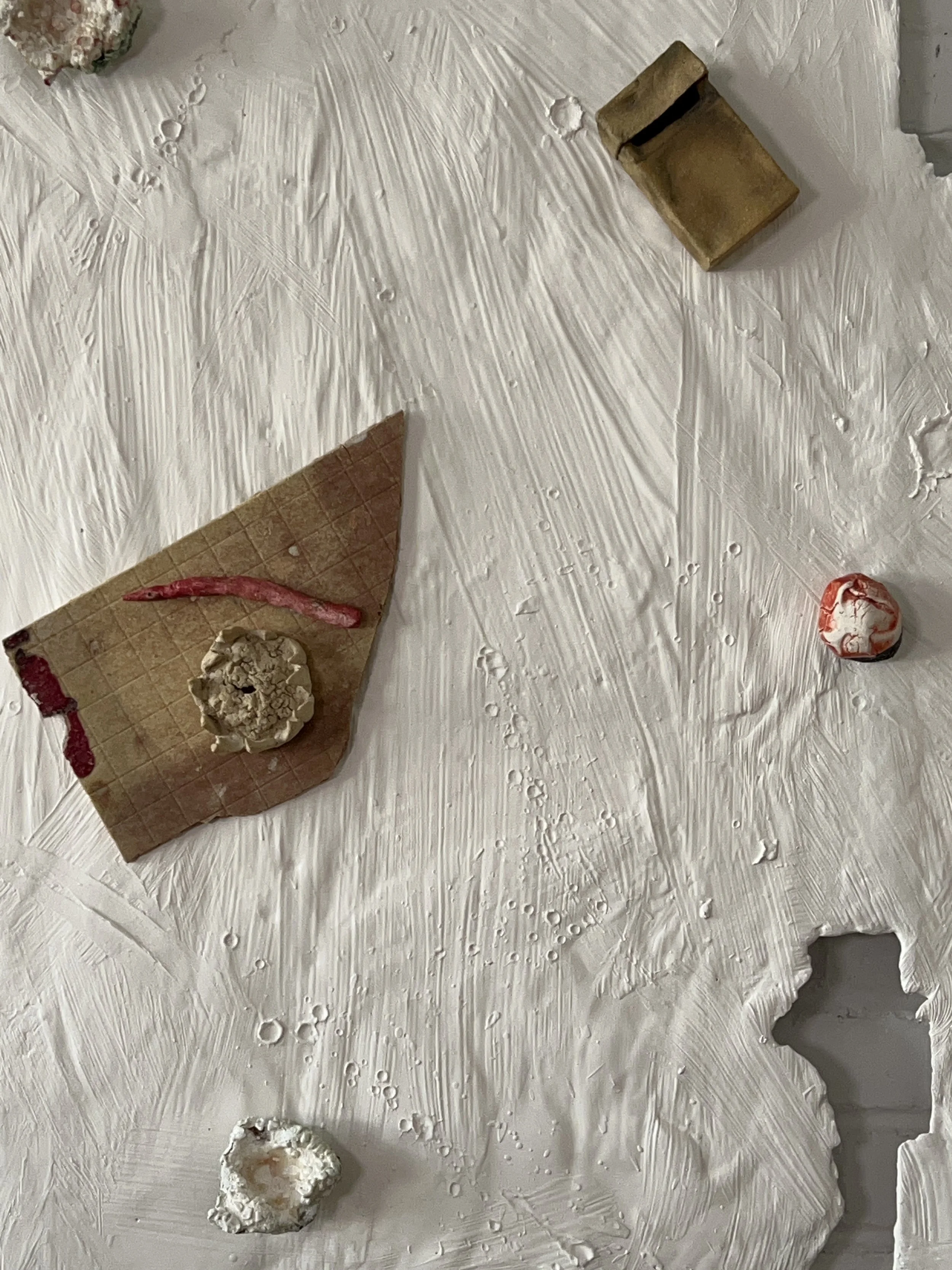  Details :   2024  Glazed ceramics, plaster, paint, epoxy, wood, paper   38 x 41 inches 