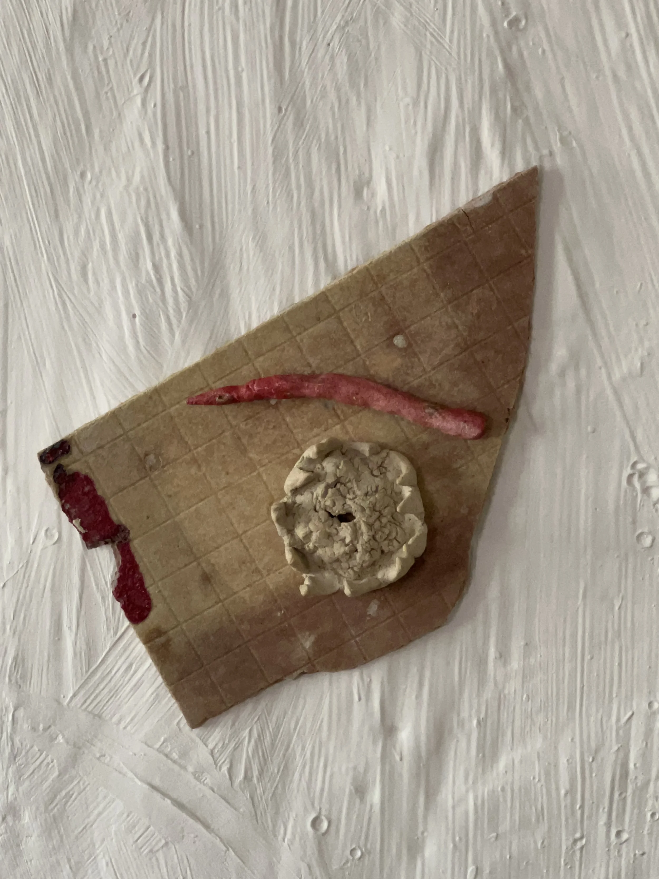  Details :   2024  Glazed ceramics, plaster, paint, epoxy, wood, paper   38 x 41 inches 