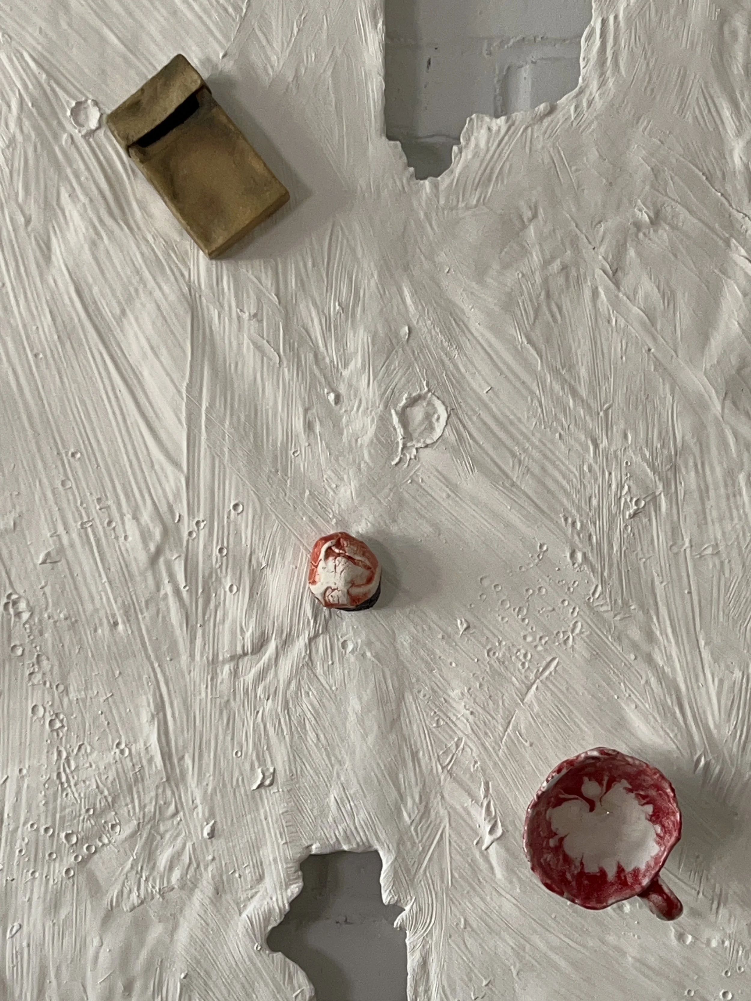  Details :   2024  Glazed ceramics, plaster, paint, epoxy, wood, paper   38 x 41 inches 