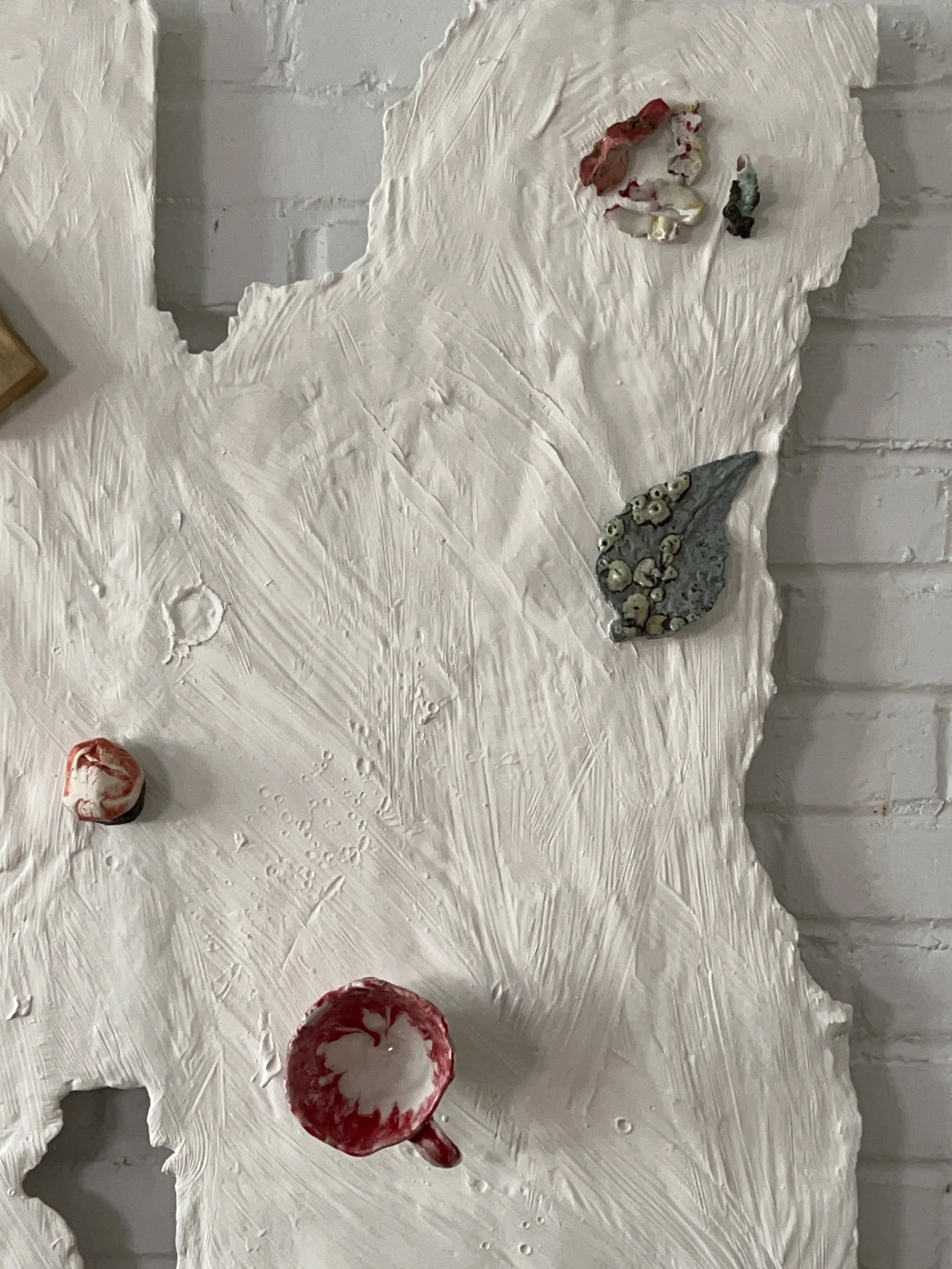  Details :   2024  Glazed ceramics, plaster, paint, epoxy, wood, paper   38 x 41 inches 