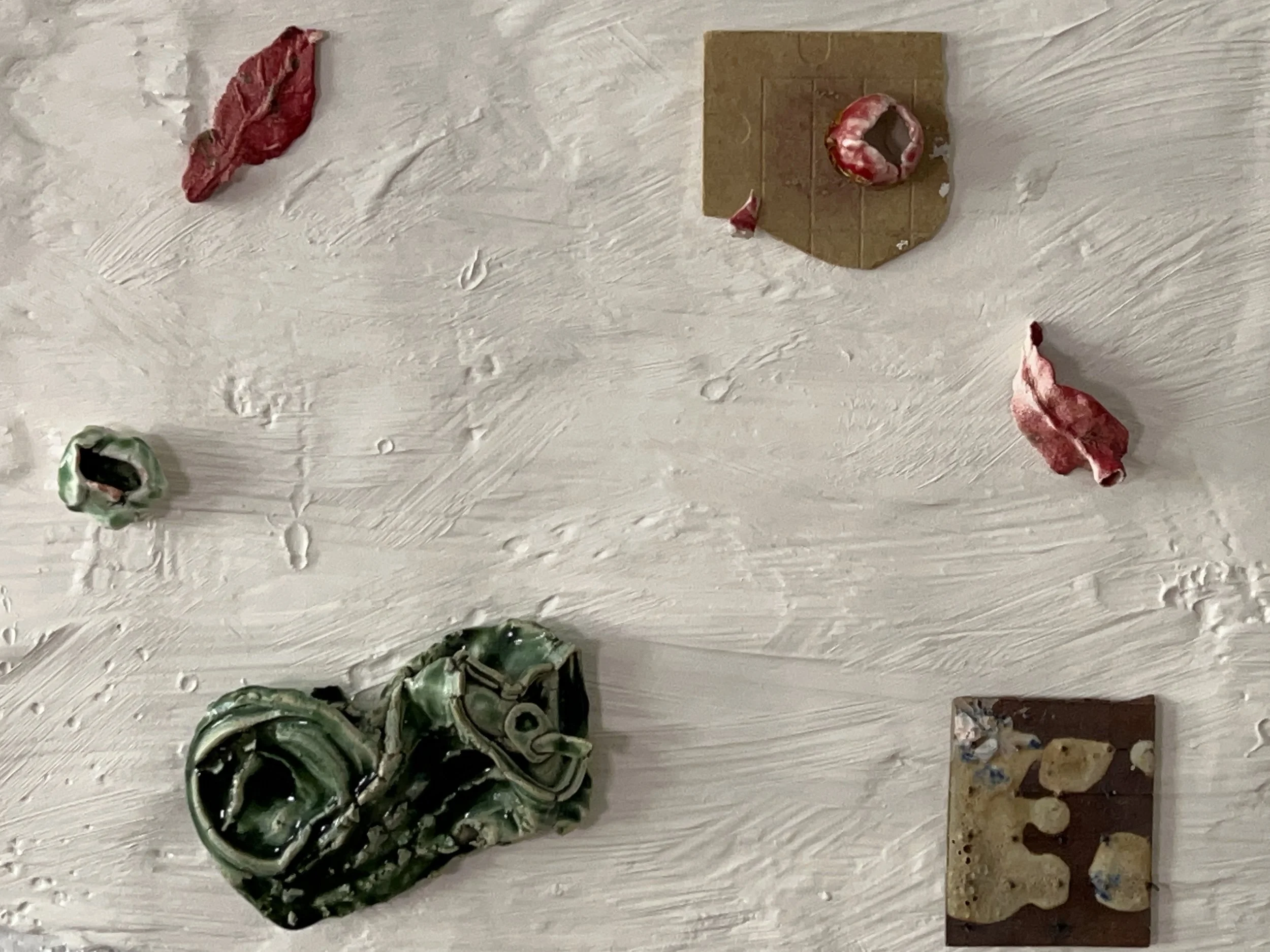  Details :  2024  Glazed ceramics, plaster, paint, epoxy, wood, paper, steel  24 x 37 inches 