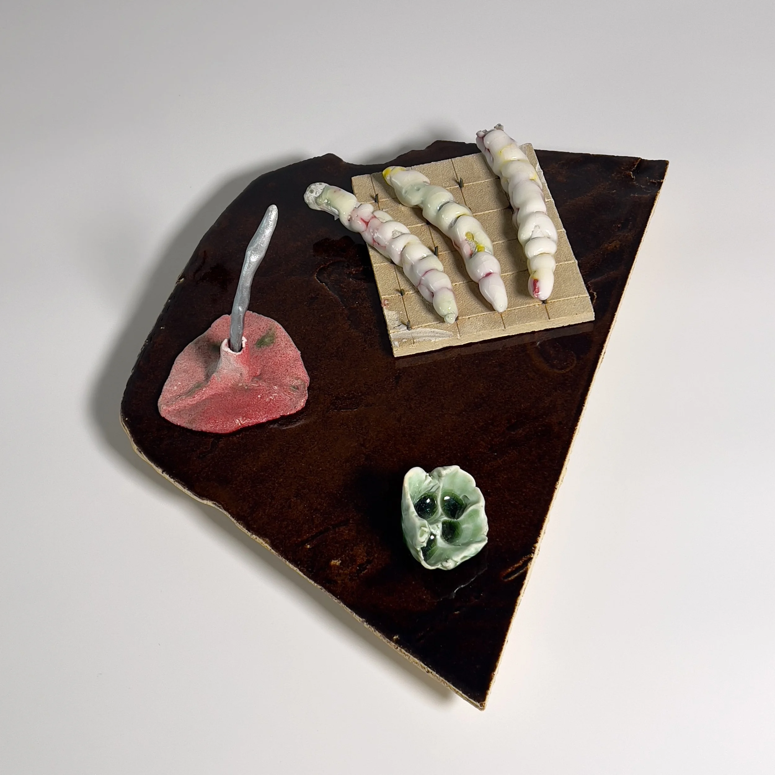  2025  Glazed ceramics, epoxy, metal wire, epoxy glue, and silver spray paint  4.75 × 13.5 × 9.25 inches 