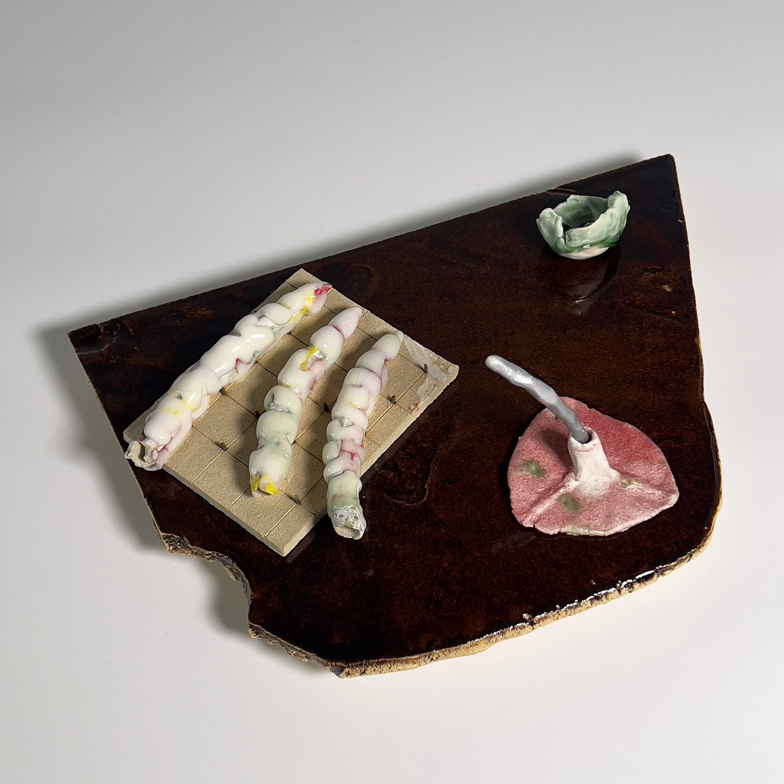  2025  Glazed ceramics, epoxy, metal wire, epoxy glue, and silver spray paint  4.75 × 13.5 × 9.25 inches 