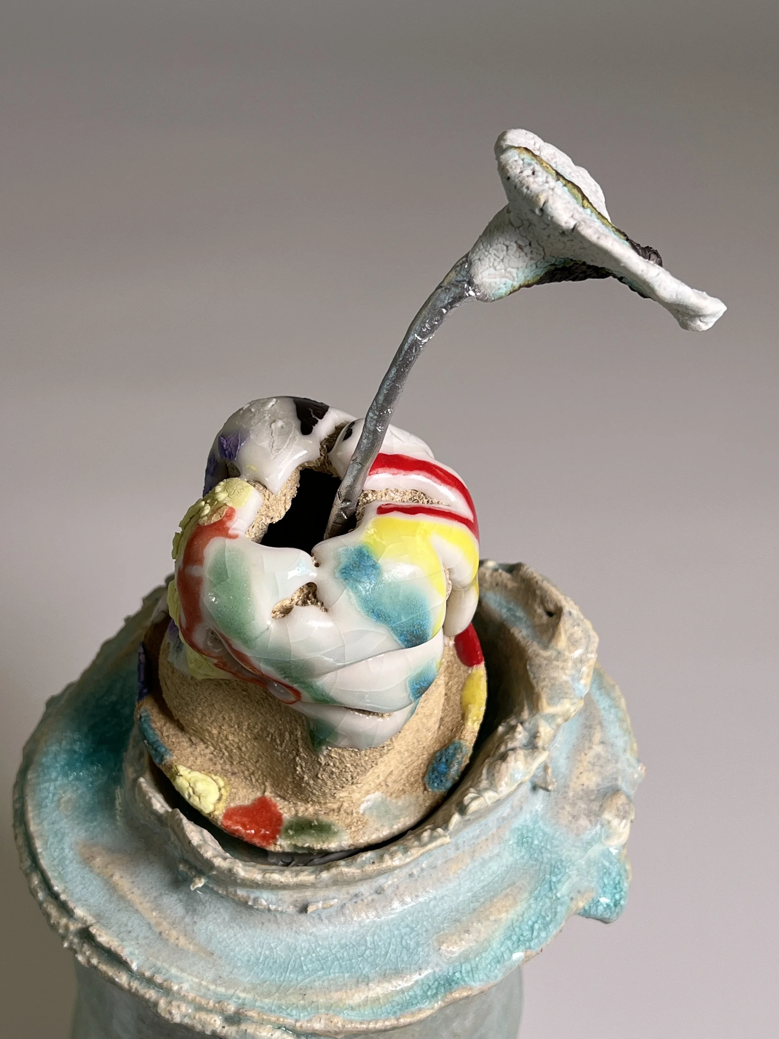  2026  Glazed ceramics, metal wire, epoxy, epoxy glue, and silver spray paint  14.5 × 6 × 6 inches 